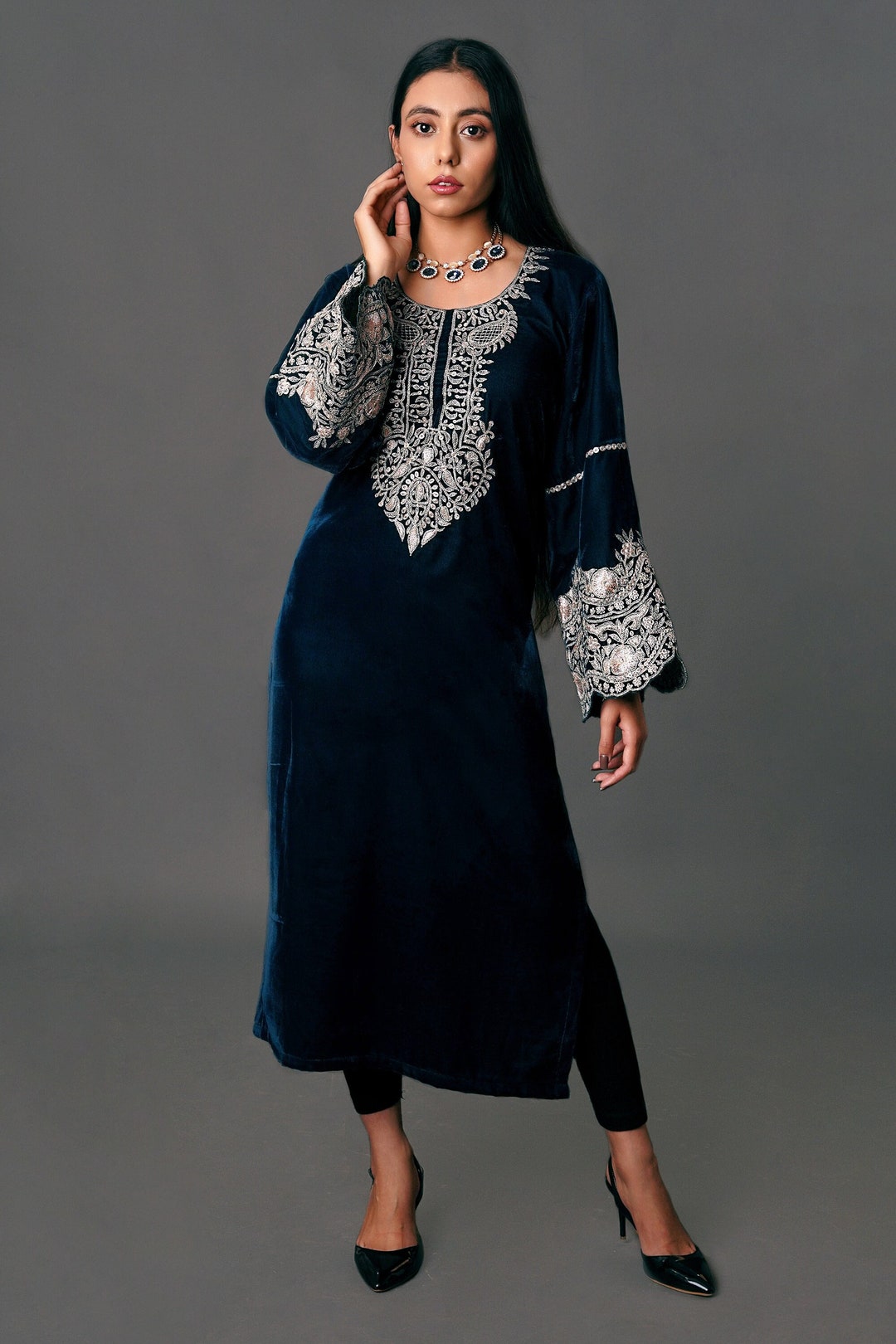 Luxurious Peacock Green Velvet Kurta With Tilla Embroidery, Kashmiri