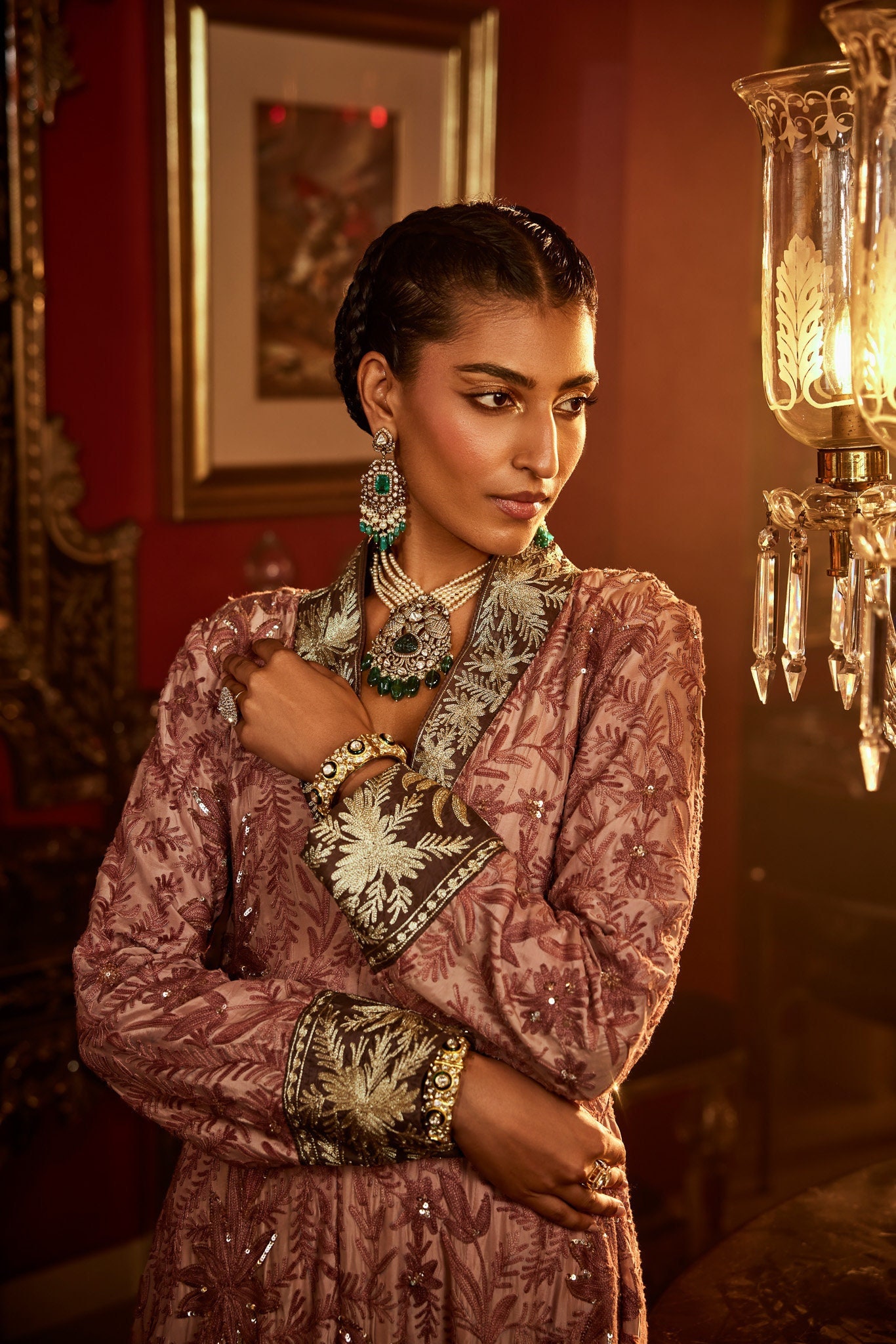 Gulab's Whisper, Floor Length Flared Gown Dress, Gala Dresses, Formal Dinner Embroidered Indo-Western Blush Pink