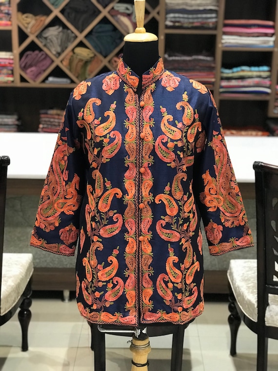 Navy Blue Short Length Jacket With Paisley Embroidery, Kashmiri  