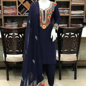 Navy Blue Kashmiri Floral Embroidery Dress, Zari & Aari Fusion Work ...
