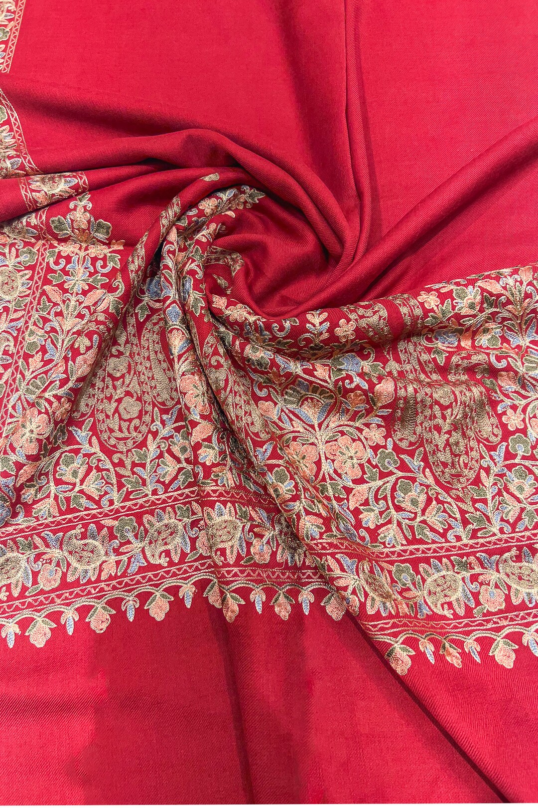 Pure Wool Stole With Thread Aari Machine Embroidery, Kashmiri Women