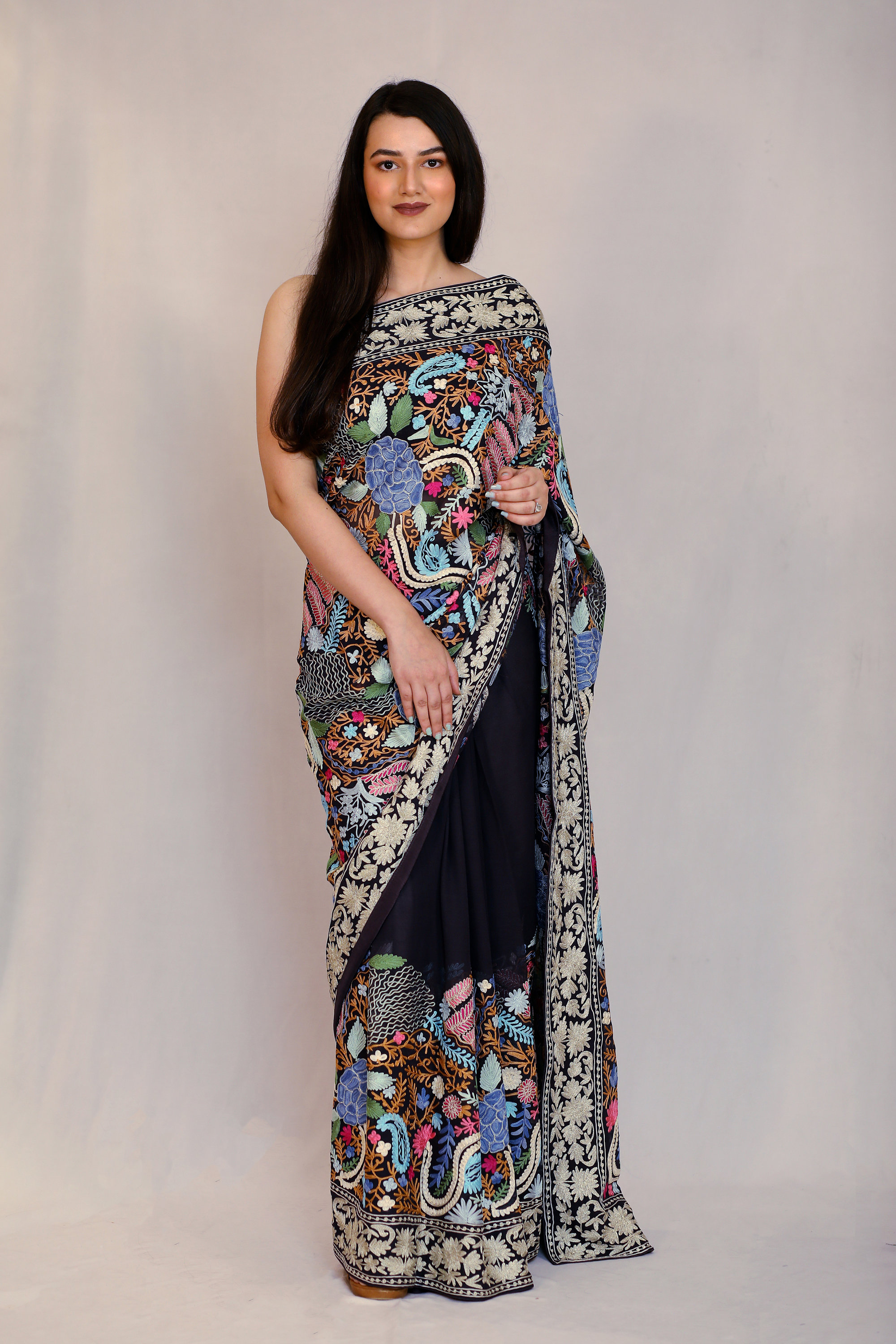 Pure Silk Aari Embroidered Kashmiri Saree Indian Ethnic Etsy