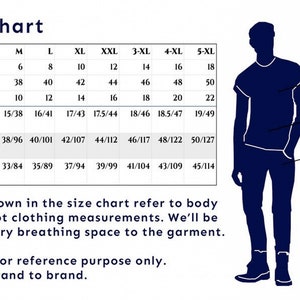 Op de afbeelding: Een maattabel voor mannenkleding met metingen in inches en centimeters. De tabel bevat kraag-, borst- en taillematen voor maten XS tot 5XL.