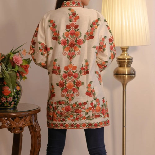 White Art Raw Silk Jacket with shops Multi-Colour Aari Embroidery, Embroidered Jacket for Woman, Kashmiri Jacket