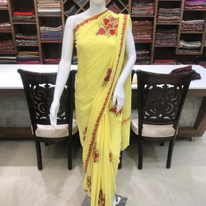 Gul Kashmiri-broderad saree, Aari-broderi, indisk etnisk klänning bild 3