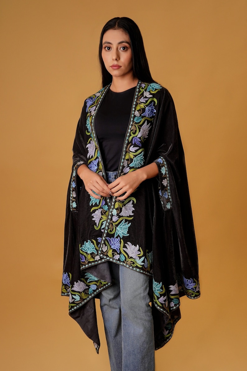 Black Velvet Cape Shawl with Floral Aari Embroidery, Wedding Ponchos, Kashmiri Shawls, Golden & Silver Zari Embroidered Poncho, Brides Shawl image 1