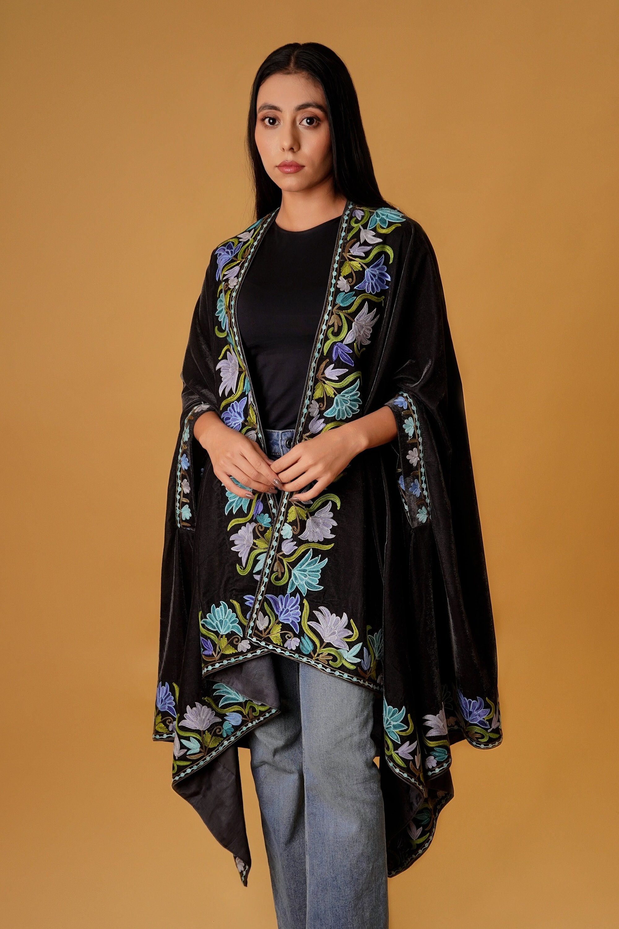 Black Velvet Cape Shawl With Floral Aari Embroidery, Wedding