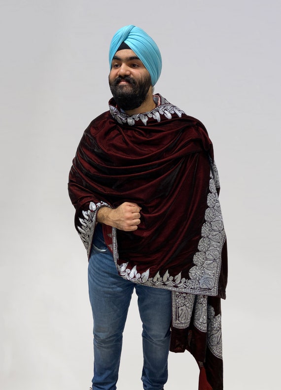 Royal Wine Velvet Men Shawl With Antique Tilla Work, Men Shawls