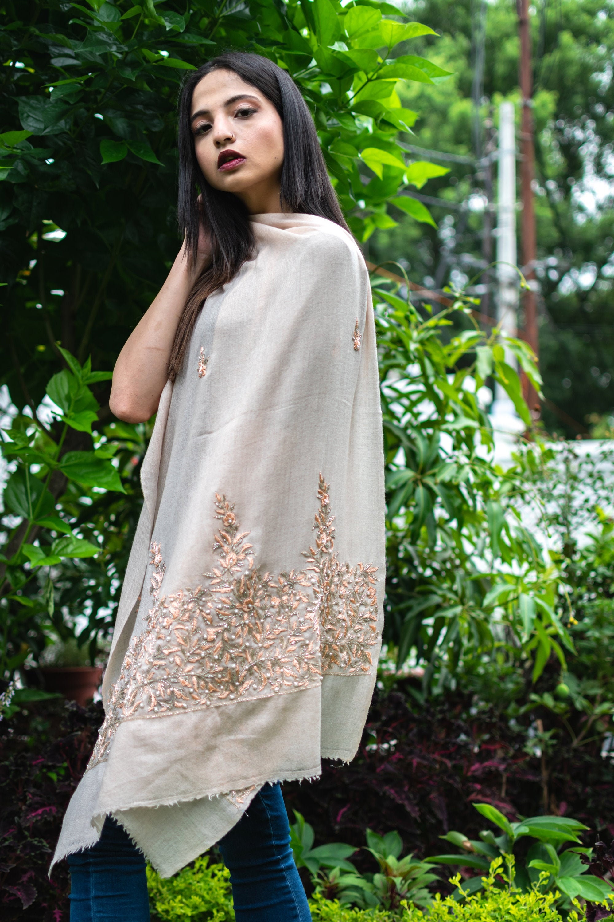 Pure Pashmina Stole with Hand Zardozi Thread, Pearl and Cut-Daana Work, Boho Formal Wraps, Dinner Wraps, Festival Scarf, Rich Hippie Wraps