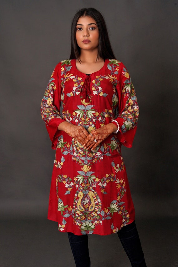 Cotton Kurti With Kashmiri Aari Embroidery, Long Women Kurta, Indian Wear  Tunics, Kashmiri Suit, Maroon Kurti, Traditional Kurta,indian Wear - Etsy
