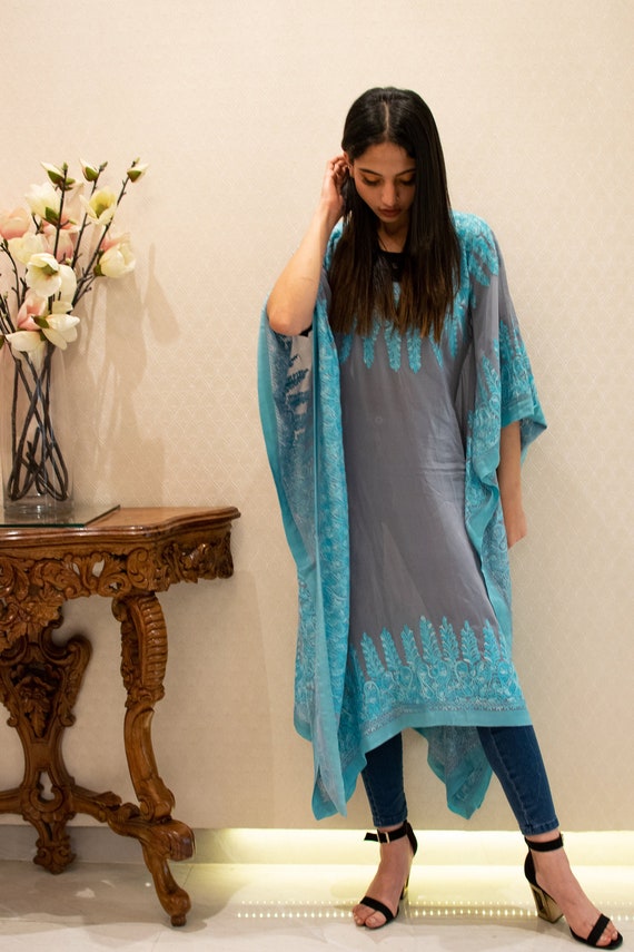 Grey Georgette Embroidered Kaftan Etsy 4 Side Kaftans, Denmark Embroidery, With Border Women - Embroidery Ferozi