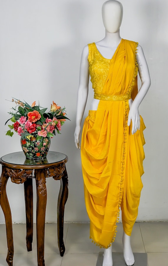 Buy Indo Western Style Dhoti Pant Suit - Yellow Mustard Satin Silk Suit –  Empress Clothing