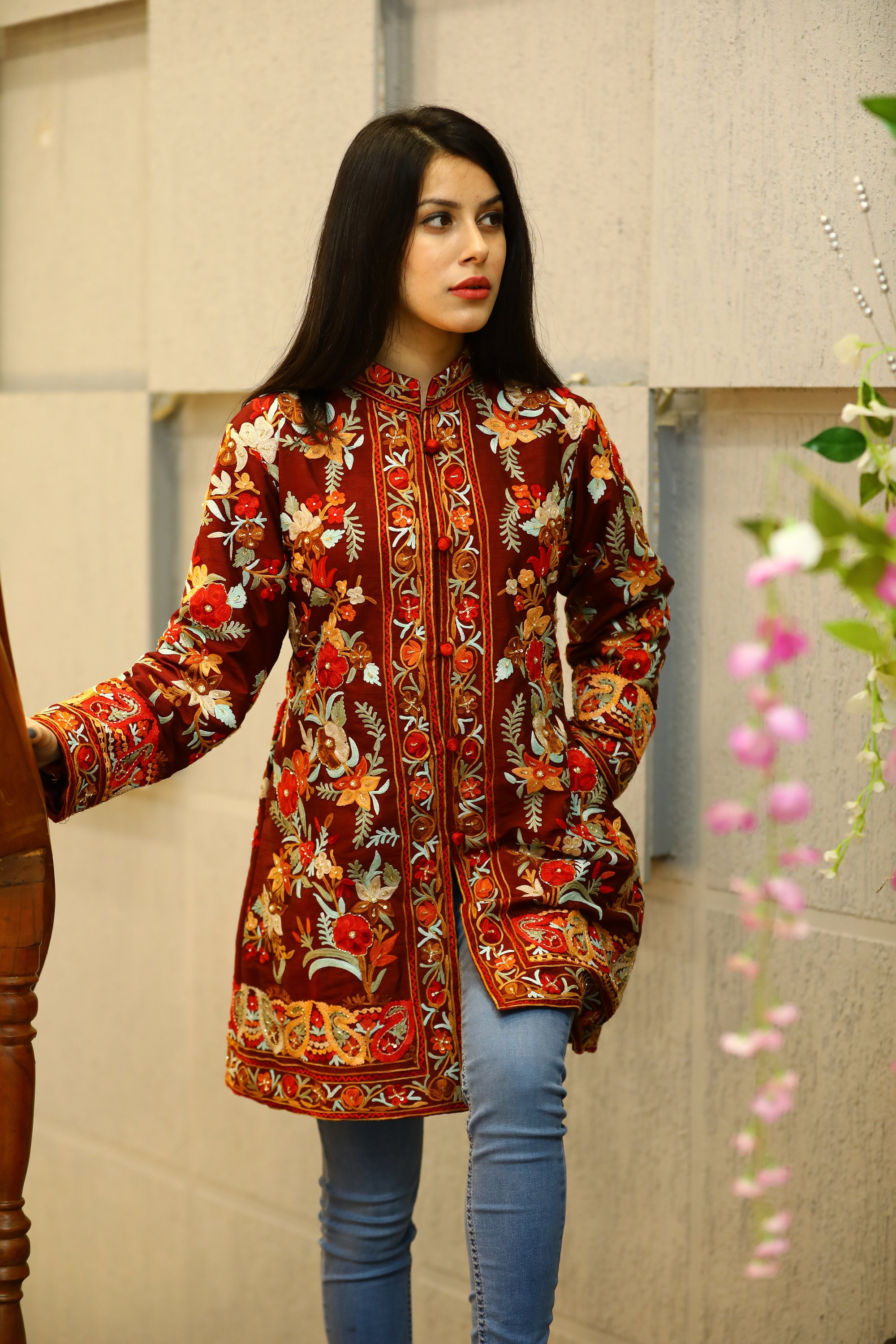 ブルゾン Living by LEH Kashmir Embroidery Jacket Maroon Kashmiri Jacket, Embroidered Coat, Pure Wool Winter Jacket