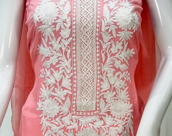 Pink Ombre Pure Cotton Salwar Suit with Floral Embroidery, Indian Salwar Suits, Women Dresses, Ethnic Wear, Kashmir Embroidery, Girl Dress