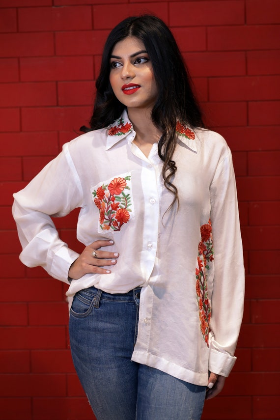 White Cotton Shirt With Multi Colour Thread Embroidery, Kashmiri