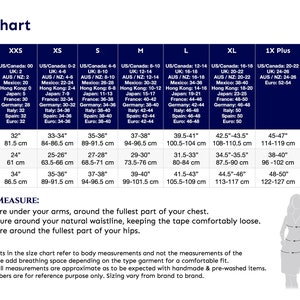May include: A size chart for clothing with measurements in inches and centimetres. The chart includes sizes from XXS to 2X Plus. The chart also includes a diagram showing how to measure bust, waist, and hips.