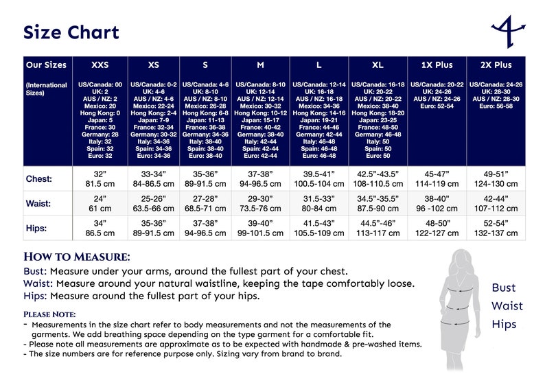 May include: A size chart for clothing with measurements in inches and centimetres. The chart includes sizes from XXS to 2X Plus. The chart also includes a diagram showing how to measure bust, waist, and hips.
