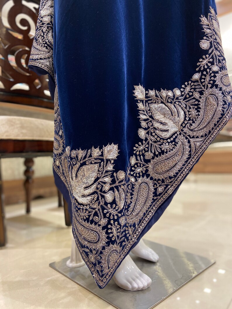 Kashmiri Shawl, Velvet Scarf, Embroidered Shawl, Antique Kashmiri Gift, Tilla Shawl, Wrap Shawl, Blue Velvet Scarf, Bohemian Shawl, Wedding image 8