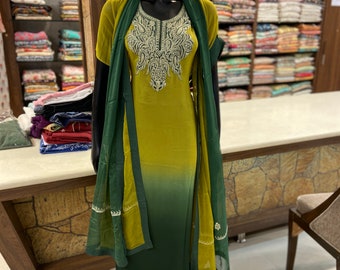 Exquisite Tilla Embroidered Kashmiri Suit in Ombre Shades, Indian Designer Salwar Suits, Indian Wedding Salwar Kameez