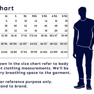 Op de afbeelding: Een maattabel voor mannenkleding met metingen in inches en centimeters. De tabel bevat kraag-, borst- en taillematen voor maten XS tot 5XL.