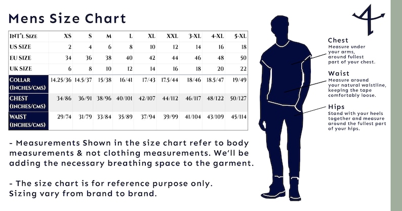 Op de afbeelding: Een maattabel voor mannenkleding met metingen in inches en centimeters. De tabel bevat kraag-, borst- en taillematen voor maten XS tot 5XL.