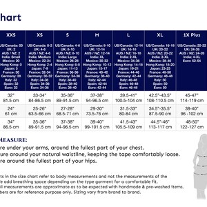 May include: Size chart for clothing with measurements in inches and centimeters. The chart includes sizes from XXS to 2X Plus. The chart shows measurements for chest, waist, and hips.
