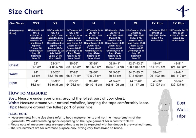 May include: Size chart for clothing with measurements in inches and centimeters. The chart includes sizes from XXS to 2X Plus. The chart shows measurements for chest, waist, and hips.