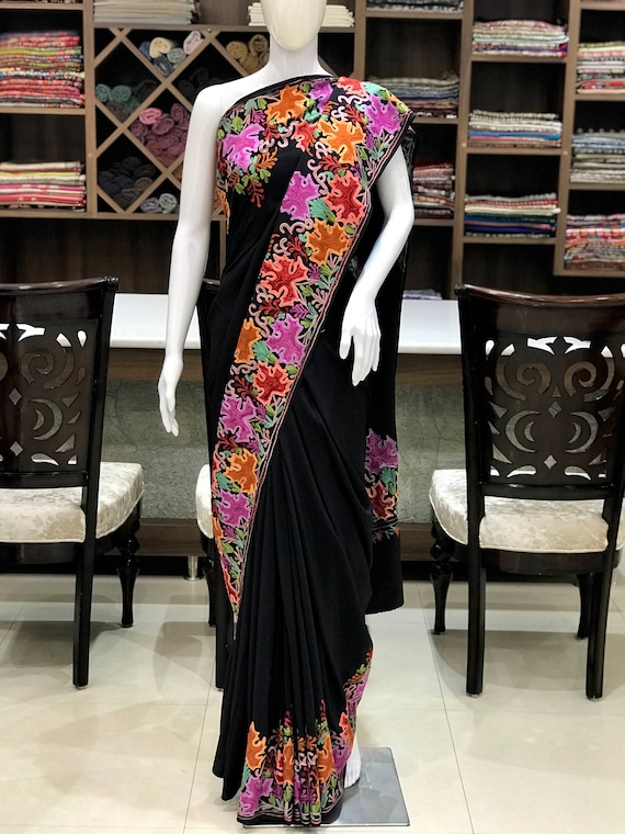 Black Aari Embroidered Kashmiri Saree, Indian Ethnic Dress, Traditional Outfit, Kashmir embroidery, Kashmiri Sari, Women Sarees