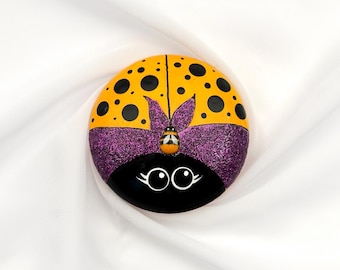 Purple and Yellow Mini Ladybug Dotting Stone