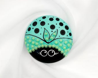 Black and Turquoise Ladybug Polkadot Mini Dotting Stone
