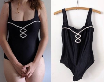 Chic Maillot Bathing Suit w Contrast Corset Detail - Vintage Gottex - 1980's Classic One-Piece Bather - Summer Pool Loungewear - Fits Small