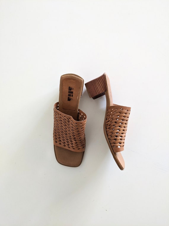 1990's Woven Tan Leather Open Toe Mules - Vintage