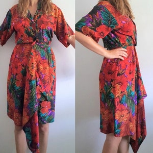 Silk Wrap Dress w Drape - Vintage Maggy London by Jeannene Booher - 1980’s Floral Spring-Fall Wedding Party Girl Dress - Fits Medium