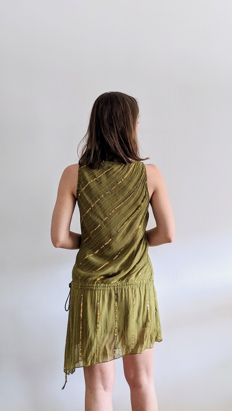 Fits Small 1990\u2019s Deco Inspired Avocado Drop Waist Dress w Sequins /& Ties Vintage Made in India Gauze Party Girl Festival Ready Dress