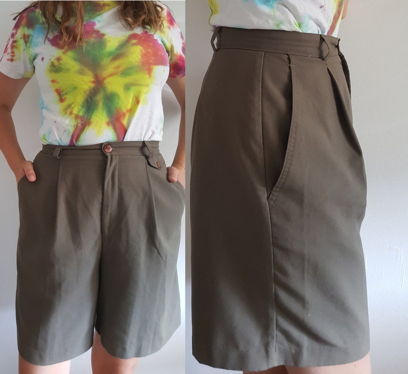 Khaki Green High Rise 1980\u2019s Olive High Waist Pleated Shorts Vintage Jessica Fits Medium or Small Girl Boss Work Party