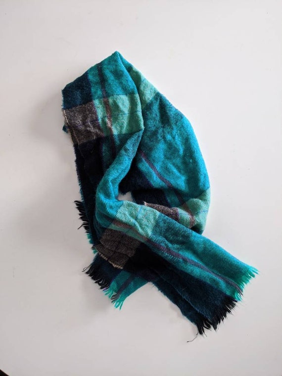 Knit Tartan Scarf - Vintage Green Tone on Tone Wo… - image 1