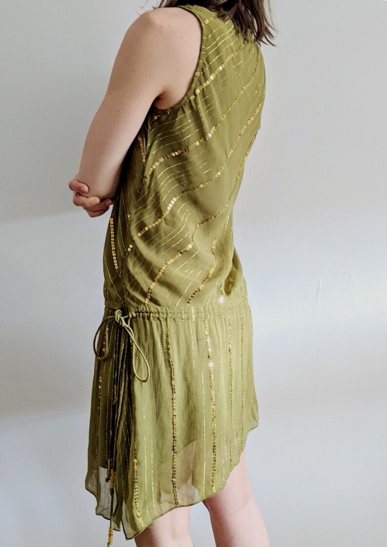 Fits Small 1990\u2019s Deco Inspired Avocado Drop Waist Dress w Sequins /& Ties Vintage Made in India Gauze Party Girl Festival Ready Dress