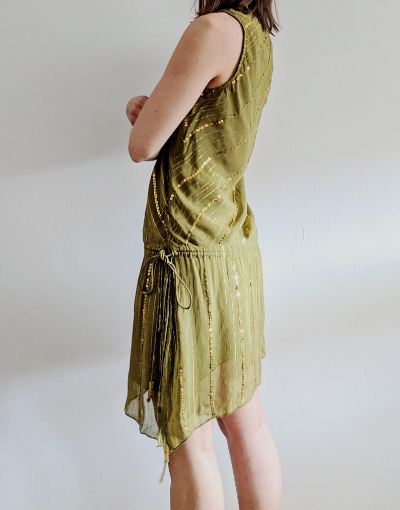 Fits Small 1990\u2019s Deco Inspired Avocado Drop Waist Dress w Sequins /& Ties Vintage Made in India Gauze Party Girl Festival Ready Dress