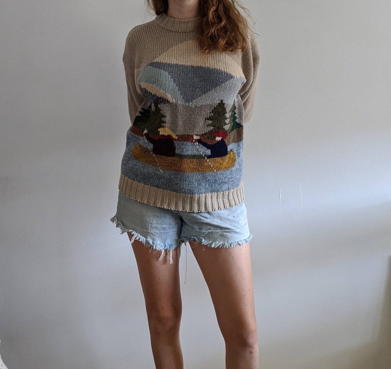1990's Novelty Virgin Wool Knit Sweater with Landscape image 0