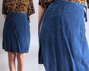 Chambray Wrap Shirt w Single Pocket - Vintage New Man - 90's Minimalist Lightweight Denim - Summer Jean Skirt - Fits Medium to Large
