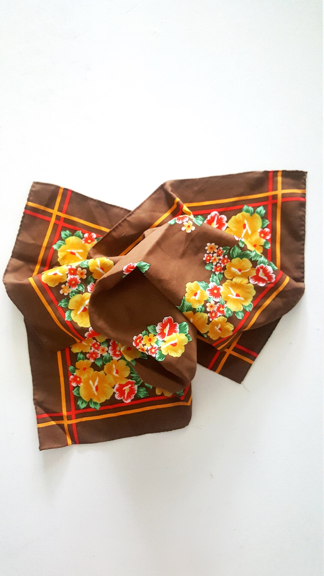 Vintage Silk Scarf Orange Floral 70s Mod Neck Head Wrap Flower Power Retro Square