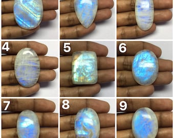 Natural Rainbow Moonstone Cabochon Gemstone, Moonstone Loose Smooth Cabochon Blue Fire Hand Polish Stone For Jewelry Pendant Making