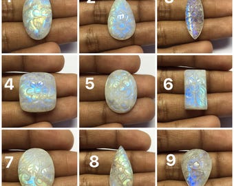 Natural Moonstone Carving Gemstone, Rainbow Moonstone Hand Carved Loose Blue Fire Stone For Jewelry Pendant Making