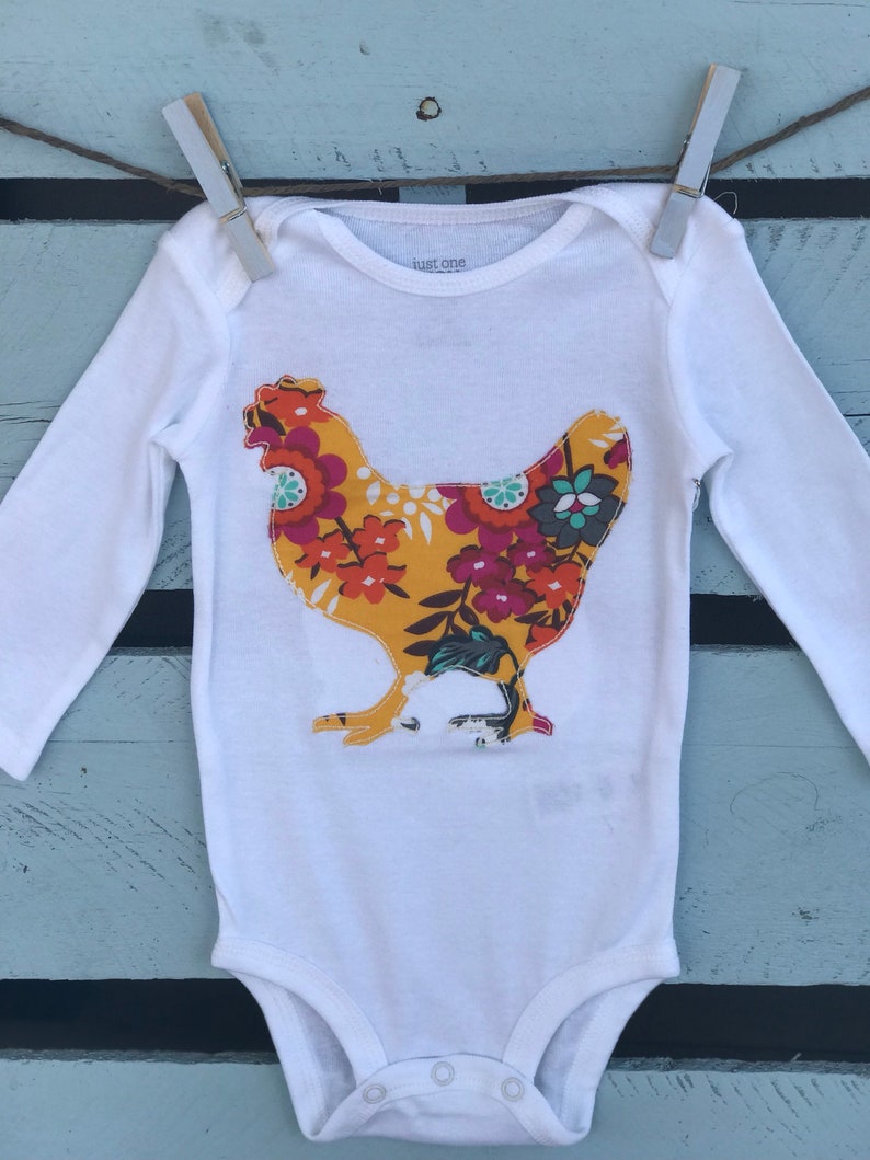 farm animal, baby bodysuit raggy floral applique Chicken onesie