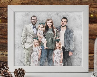 Family Portrait in color, custom art, Christmas gift