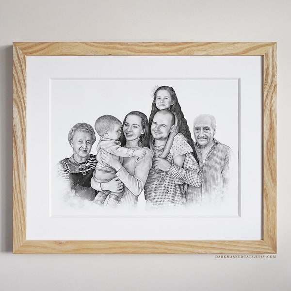 Christmas gifts, Portrait from photo or multiple photos with deceased loved ones, digital hand drawn portrait