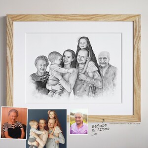 Family portrait from multiple photos, fathers day gift, grandparents gift, custom hand drawn portrait, mothers day gift, husband gift, wife