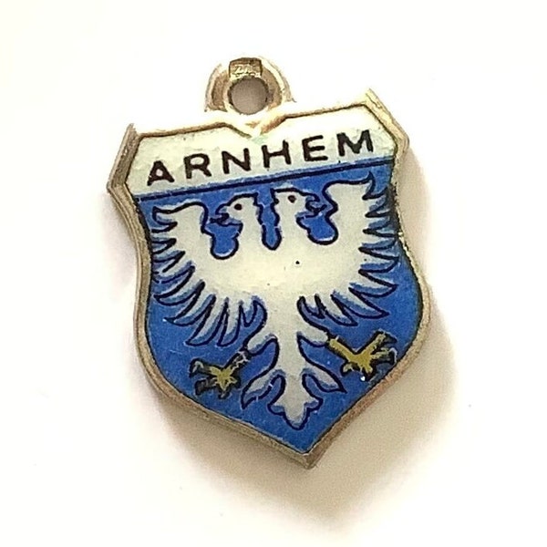 Arnhem Shield Charm, Enamel Travel Shield, Silver Bracelet Charms, European Tourist Charm Vintage Jewellery