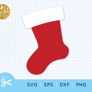 May include: Red and white Christmas stocking with a white cuff. The stocking is on a blue and white grid background.