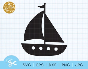 May include: Black silhouette of a sailboat with a single sail and a small flag at the top. The sailboat has a rounded hull and four small circles on the side.
